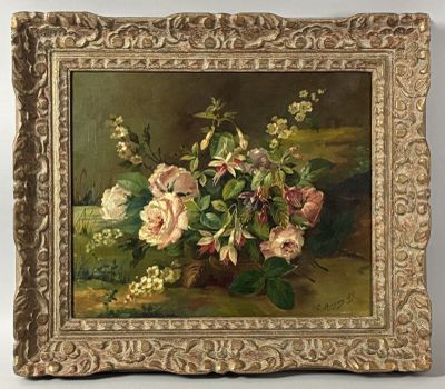 an image of a painting of flowers in a basket on a table