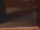 a painting of a cat sitting on a table next to a vase