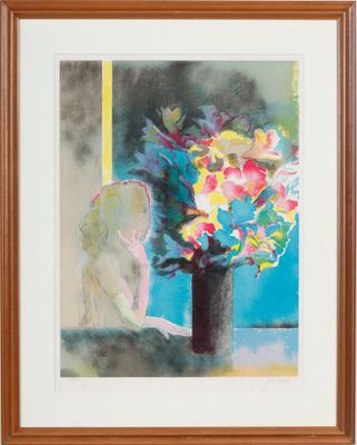 une image représentant un tableau de fleurs dans un vase posé sur le rebord d'une fenêtre