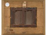 an old wooden picture frame with a window and a sticker on it