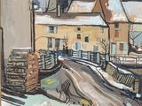 an image of a painting of a street with houses and trees in the background