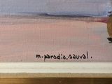 an oil painting of a cat sitting on top of a wooden table