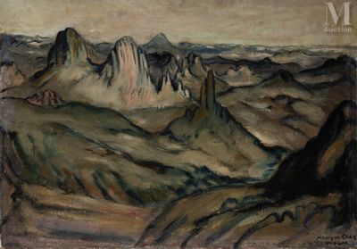 an oil painting of a mountain range with a sky in the background