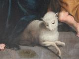 a painting of a woman kneeling next to a sheep