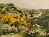 une image représentant un tableau représentant un paysage avec des fleurs jaunes
