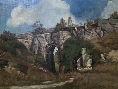 un tableau représentant un homme debout devant une montagne
