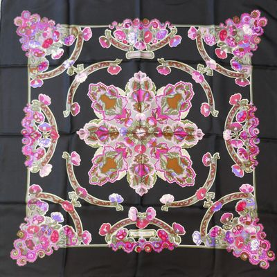black silk scarf with pink and gold floral design