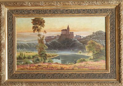 an oil painting of a castle on a hill with a lake in the foreground