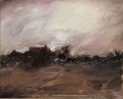 une peinture à l'huile représentant un paysage aux tons bruns et blancs, avec un ciel en arrière-plan