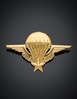un insigne doré orné d'une étoile et d'ailes sur fond noir