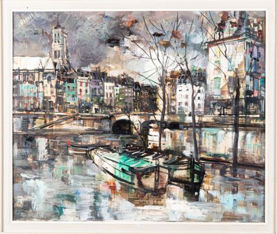 a painting of a boat on the water in a city