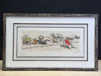 tableau représentant un groupe de chiens courant sur une piste, avec un homme vêtu d'un manteau rouge