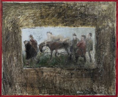 une peinture représentant un groupe de personnes à cheval