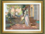une image représentant un tableau où l'on voit une femme tenant un parapluie jaune