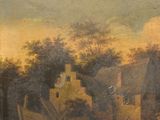 painting of a village scene with a man on a horse and a woman on a horse