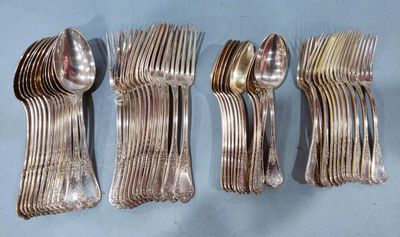 six forks and spoons are lined up on a blue surface