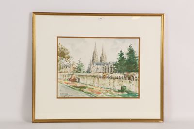 aquarelle encadrée représentant une église dans un parc