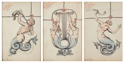 trois dessins représentant des sirènes et une harpe sur une feuille de papier