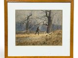 tableau représentant un homme et un chien dans un champ parsemé d'arbres
