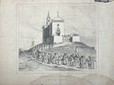 an old drawing of a group of people standing in front of a church
