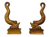 paire de serre-livres anciens en laiton représentant des paons, sur des socles en marbre