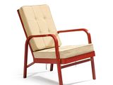 an image of a red chair with a beige cushion on it
