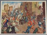 an old picture of a painting of a man on a horse in front of a crowd of people