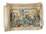 an old newspaper with a drawing of a battle in the middle of it