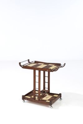 an image of a wooden serving cart with a checkered tray on it
