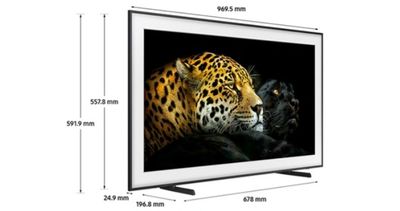 Le téléviseur est présenté avec les dimensions de l'écran et l'image d'un léopard.