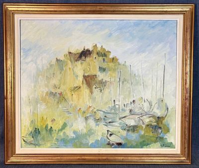 une peinture à l'huile représentant des bateaux dans un port par une journée ensoleillée