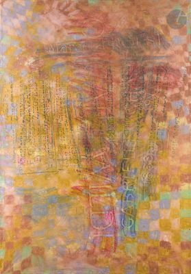 une peinture abstraite représentant un vase contenant des fleurs