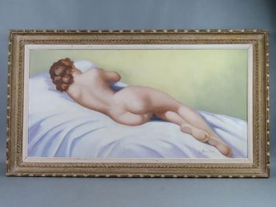 a painting of a naked woman laying on a bed