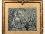 painting of a woman holding a bouquet of flowers in a gold frame