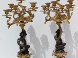 pair of antique brass and marble candelabs with birds and flowers