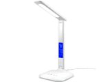 a white desk lamp with a blue light on top of it