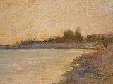 painting of a painting of a person walking on a beach