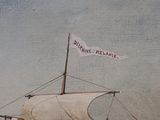 a painting of a sailboat with a banner on it