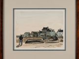 framed watercolor painting of a man walking on a beach with a boat