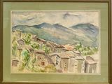 a watercolor painting of a village in the mountains