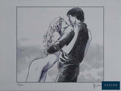 drawing of a man and a woman kissing in a black and white photo