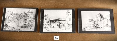 three framed pictures of a building and a clock on the wall