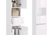 tall white cabinet with doors open and shelves filled with various items