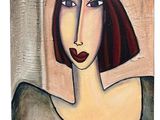 a painting of a woman with red hair and a black dress