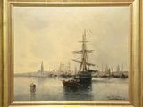 painting of a harbor scene with a ship in the foreground and other boats in the background