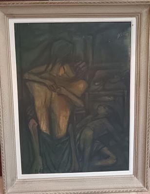 une peinture représentant une femme assise sur une chaise