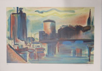 une image d'une peinture d'une ville au bord de l'eau