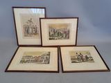 three framed prints of people and animals on a table