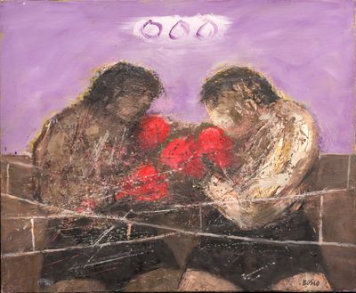 painting of two boxers in a boxing ring with a purple background