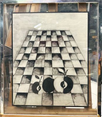 une photo d'une photo représentant deux pommes posées sur un sol à carreaux